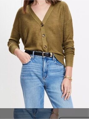 LOFT Olive Green V-Neck Button Wool Blend Cardigan - Size: Medium